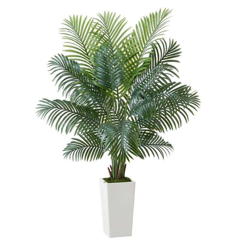 Green Lifelike Faux Areca Palm Tree with Moss-Covered Planter for Indoor Plant Decoration