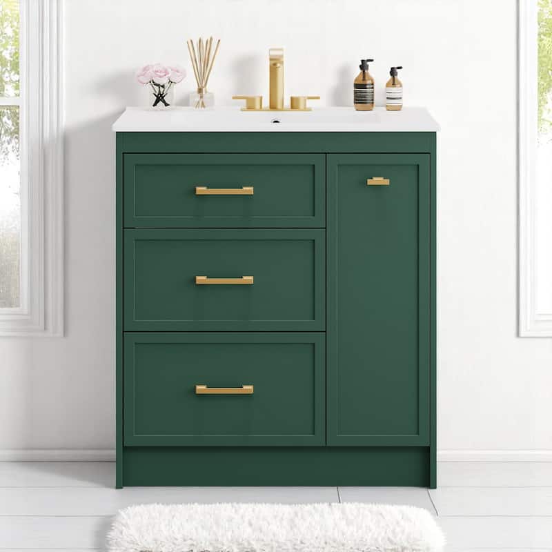 30" Classic Bathroom Vanity with Ceramic Sink, 3 Drawers Including Double-Layer, Gold Handles, for Small Spaces - Green