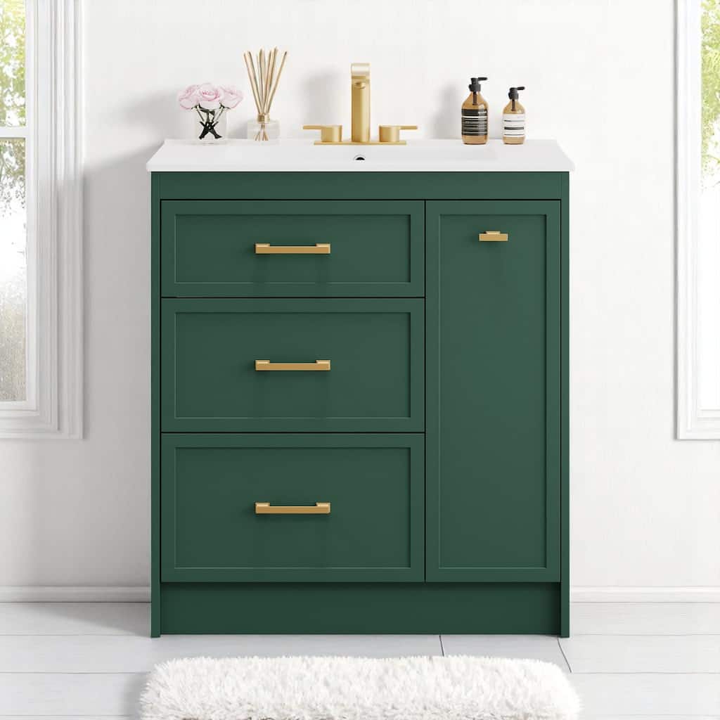 30" Classic Bathroom Vanity with Ceramic Sink, 3 Drawers Including Double-Layer, Gold Handles, for Small Spaces