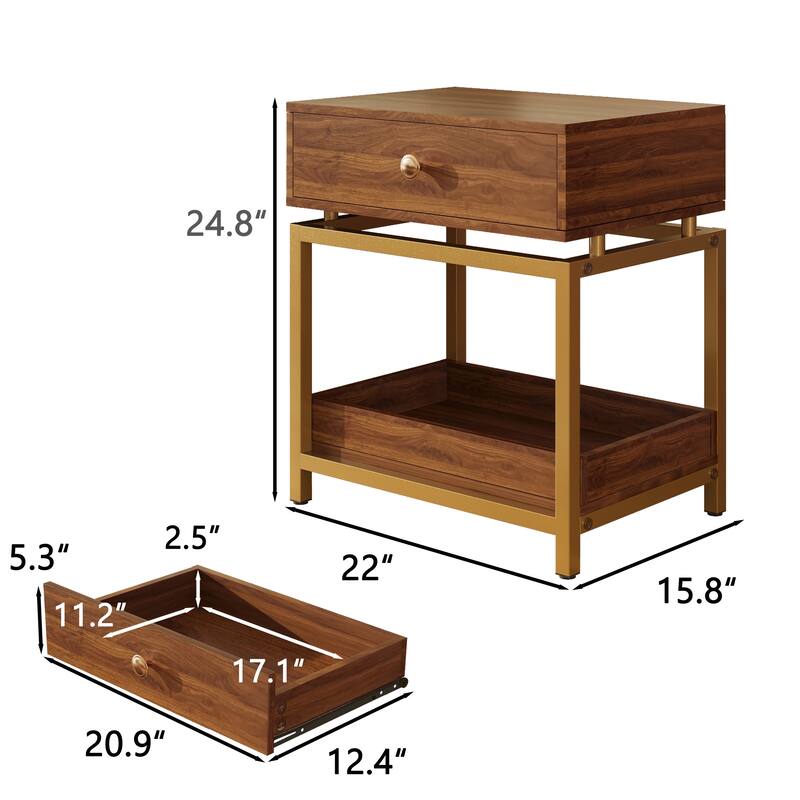 Anmytek 2 Tier Gold Metal Frame End Table with Drawer and Open Shelf Modern Nightstand Sofa Side Table Bedroom Living Room