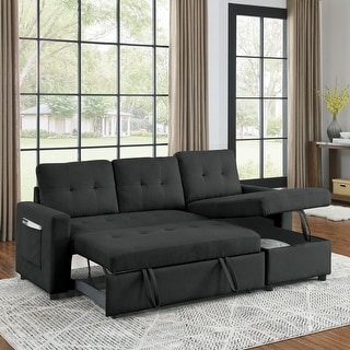 Black Reversible Sleeper Sectional Sofa with Storage Chaise and Pocket ...