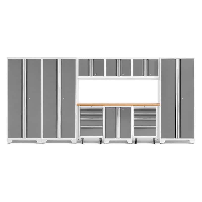 NewAge Products Bold Series 10-pc. Steel Garage Cabinet Set - Bamboo Top / No Slatwall - Platinum