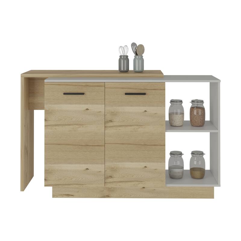 Kitchen Island, Double Door Cabinets, Two External Shelves, Three Shelves