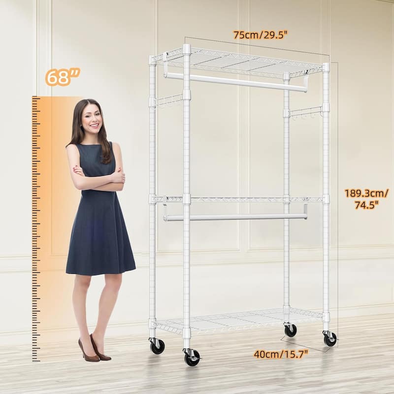 Anmytek Heavy Duty Rolling Clothing Rack with Shelves and Wheels White Garment Storage Organizer