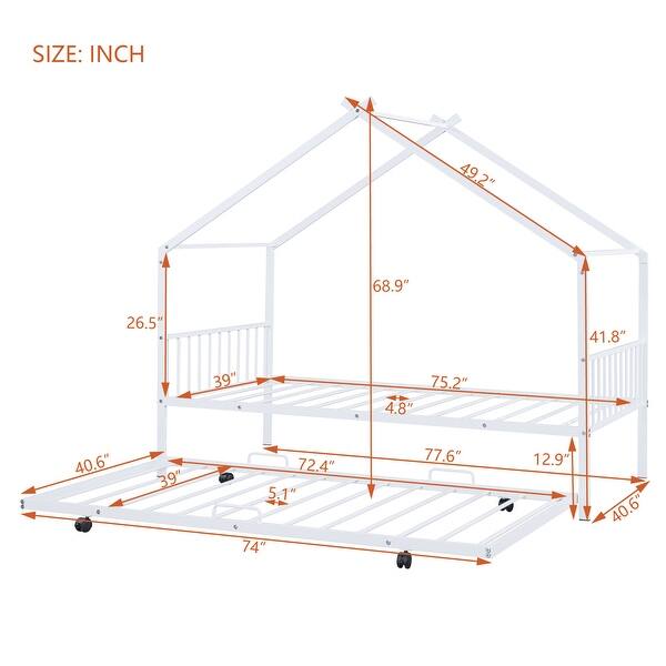 dimension image slide 1 of 6, Twin/Full Size Metal Platform Bed Frame with Twin Size Trundle, Kids House Bed with Headboard and Footboard