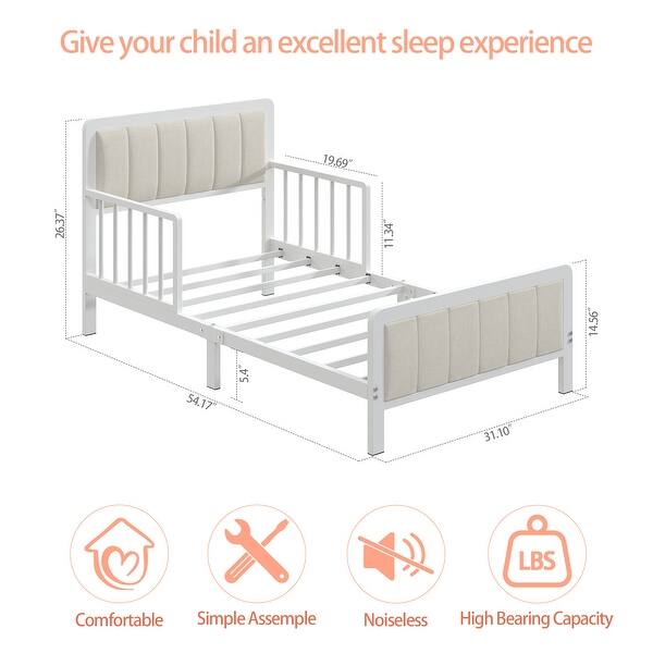 Gezen Toddler Bed Frame with Guardrails Safety Metal Upholstered Paltform Bed for Children Kids, White