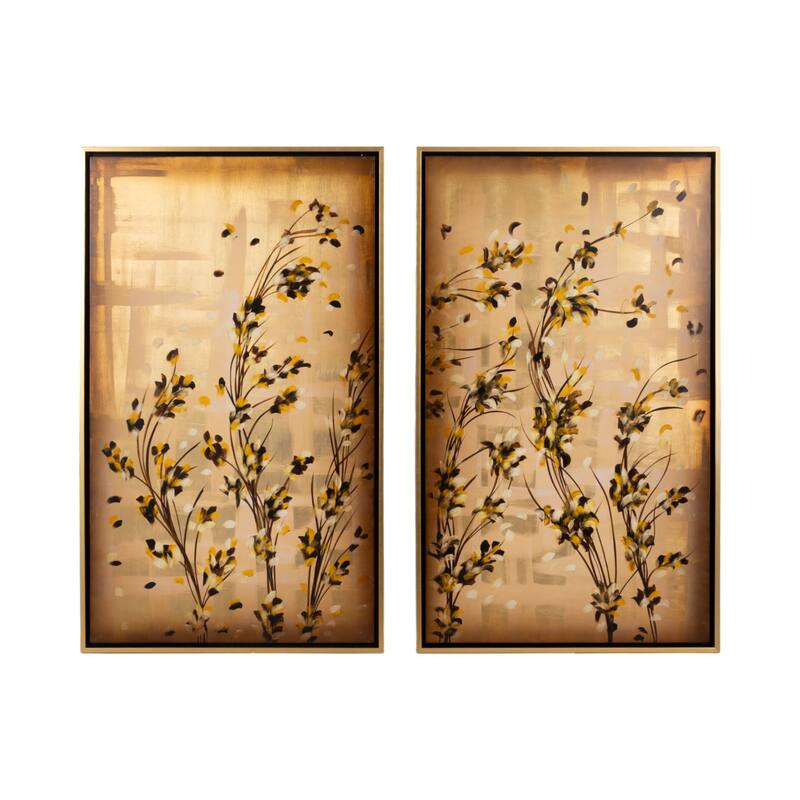 Wood Framed Art Leaf Floral Wall Decor (Set of 2) - 9" Gold Metallic