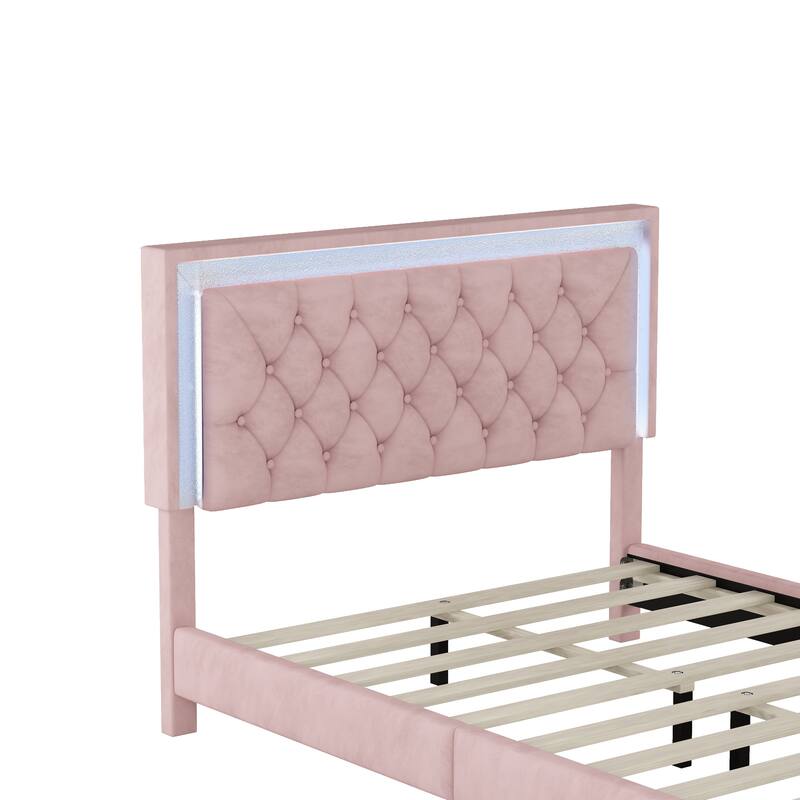 Upholstered Bed Frame with LED Lights and Tufted Headboard