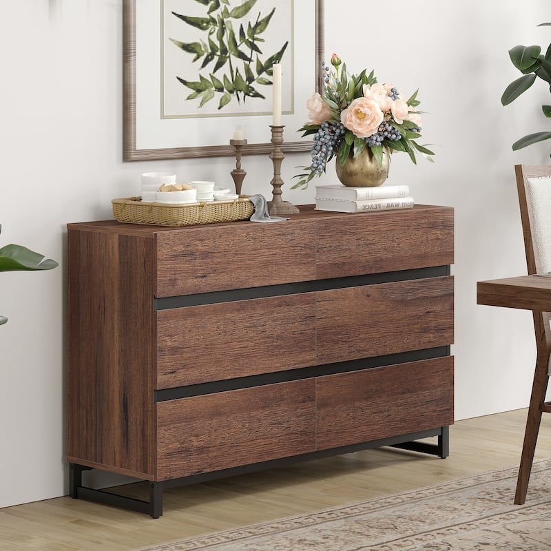 WAMPAT Modern Buffet Sideboards, Sideboard Buffet Cabinet with 6 Drawers , Coffee Bar Storage Cabinet for Kitchen - 1 PCS - Brown