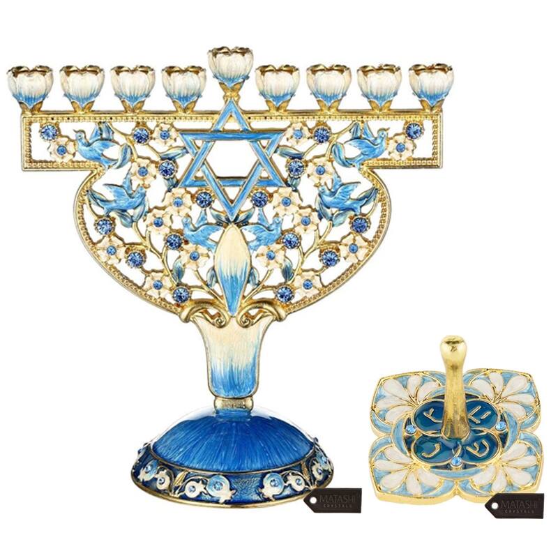 Matashi Hand Painted Enamel Menorah Candelabra w Doves & Flowers Design & Spinning Dreidel Ornaments w Crystals Jewish Decor