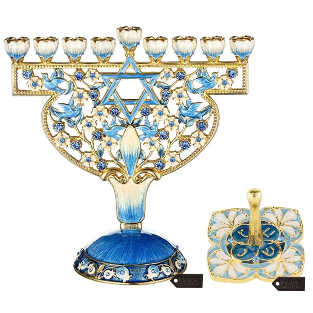 Matashi Hand Painted Enamel Menorah Candelabra w Doves & Flowers Design & Spinning Dreidel Ornaments w Crystals Jewish Decor