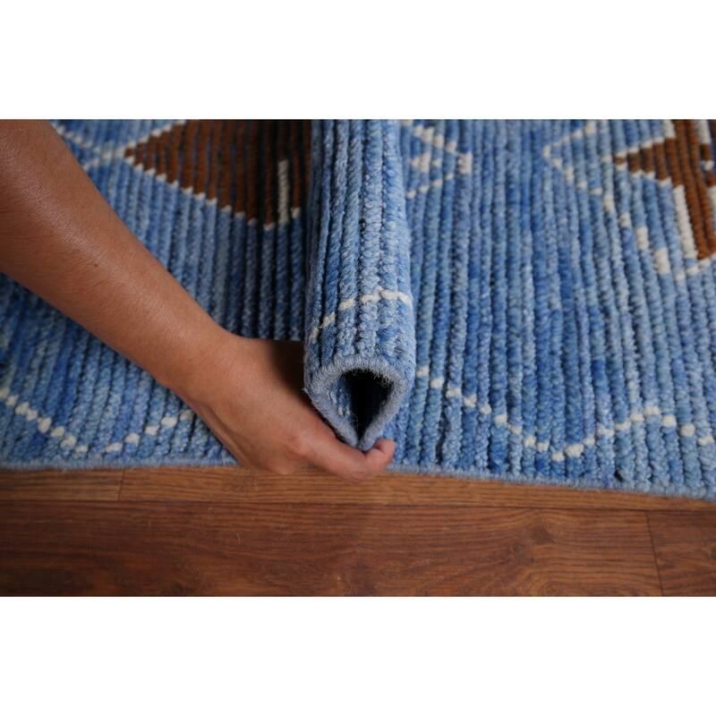 Blue Geometric Moroccan Area Rug Hand-Knotted Wool Carpet - 8'7"x 12'2"
