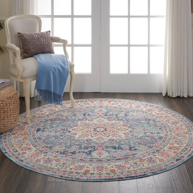 Nourison Vintage Kashan Traditional Area Rug - 4' Round - Blue