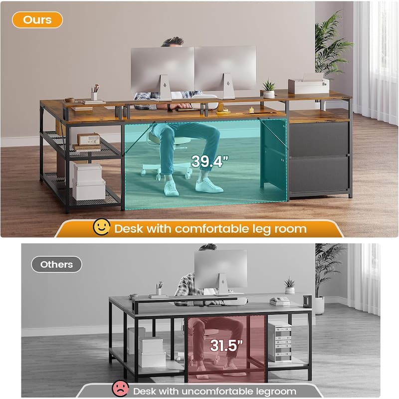 67" L Gaming Shaped Desk Storage Shelves Power Outlet 2 Drawers