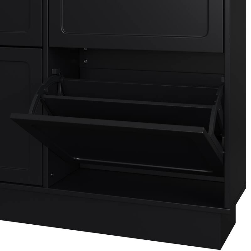 Narrow Flip Drawer Shoe Storage, Space Saving Entryway Organizer with Adjustable Shelf, Free-Standing Shoe Rack with 3 Hooks