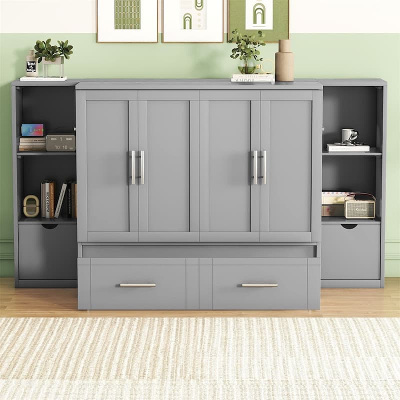 Merax Queen Size Murphy Bed with Shelves, Drawers and USB Ports