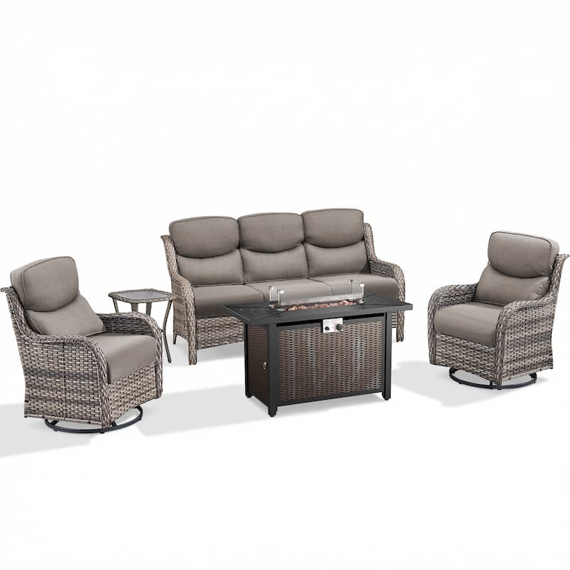Pocassy Patio Sofa Swivel Chair Set with 43" Fire Pit Table