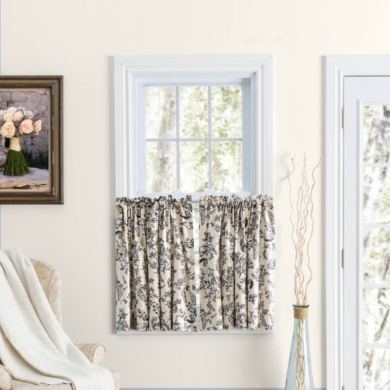 Waverly Gardens Rod Pocket with header Kitchen Curtains - Tier, Swag or Insert Valance (Sold Separately) - 84"W x 36"L Tier Pair(42"W per Tier) - Black