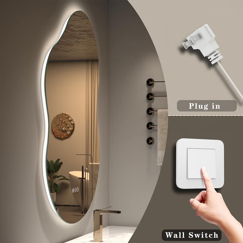 KIOTEE Frameless Irregular LED Anti-Fog Bathroom Vanity Mirror, Asymmetrical Backlit Wall Mirror