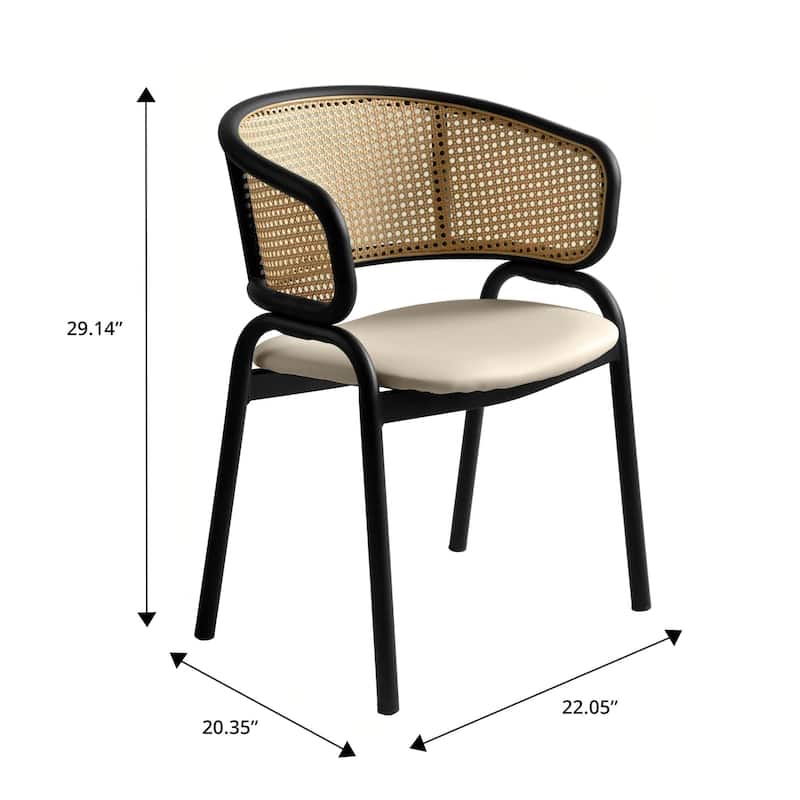 LeisureMod Modern Leather Dining Chair with Wicker Back & Black Steel Frame - Accent Side Armchair for Home Furniture
