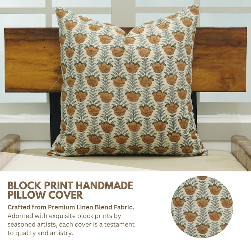Fabdivine Handmade Floral or Weave Yellow Pillow Cover in Soft Linen for Block Print Room Boho Spring Home Décor, Lehar