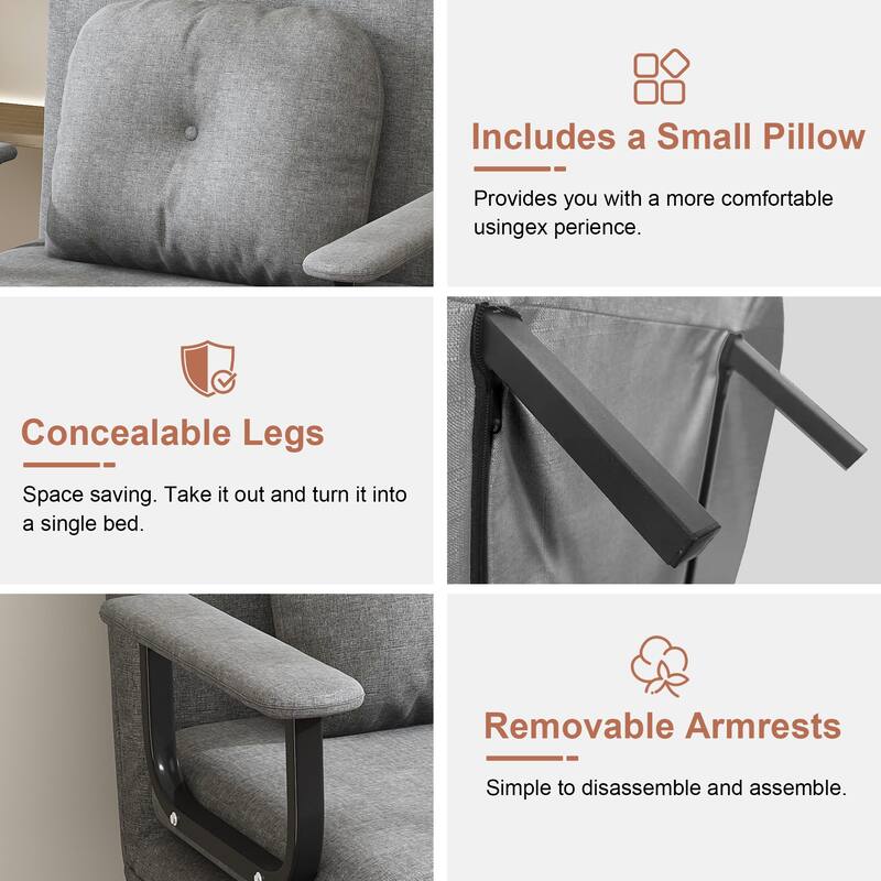 Folding Sofa Bed 3-in-1 Convertible Chair, Lounge Chair with 5-Position Adjustable Backrest, Sleeper Bed with Pillow