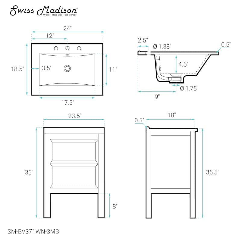 Nadar 24 In. Brown Walnut Bathroom Vanity With Black, 3-Hole Ceramic Sink Top
