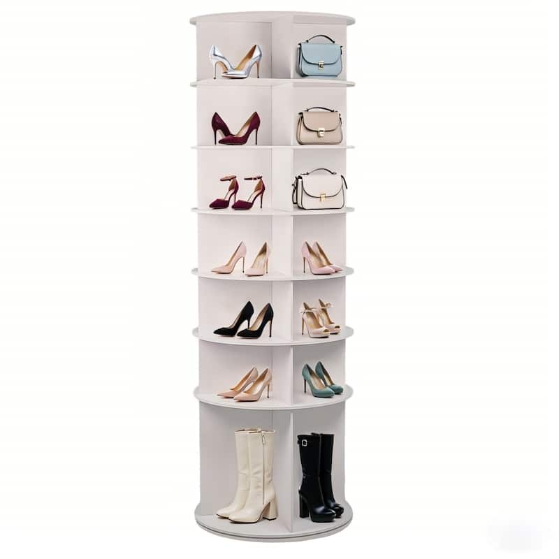 White 360 Degree Rotating Shoe Rack Tower 7 Tier Storage Organizer with Boot Compartment for 28 Pairs of Shoes