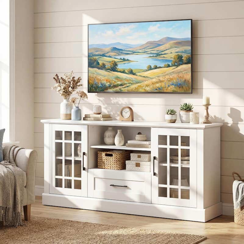 Gymax Farmhouse TV Stand for TVs up to 70'' Media Center w/Glass Doors