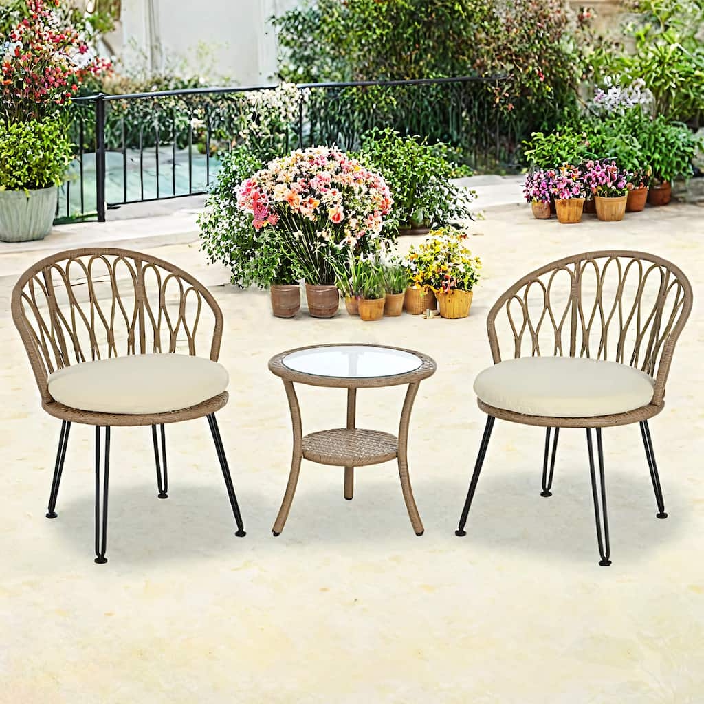 Outdoor Leisure Set,2 Rattan Chairs and Glass Table,Perfect for Patios,Balconies and Courtyards