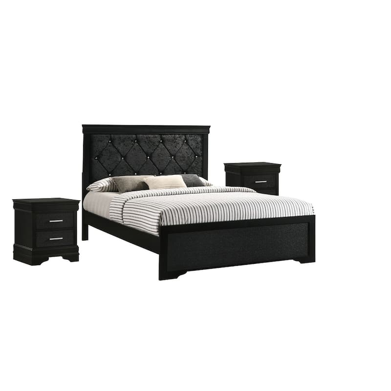 Sigurd 3 Piece Black Velvet Upholstered Tufted Panel Bedroom Set - King