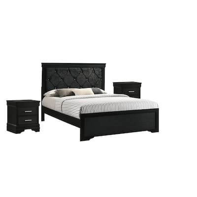 Sigurd 3 Piece Black Velvet Upholstered Tufted Panel Bedroom Set