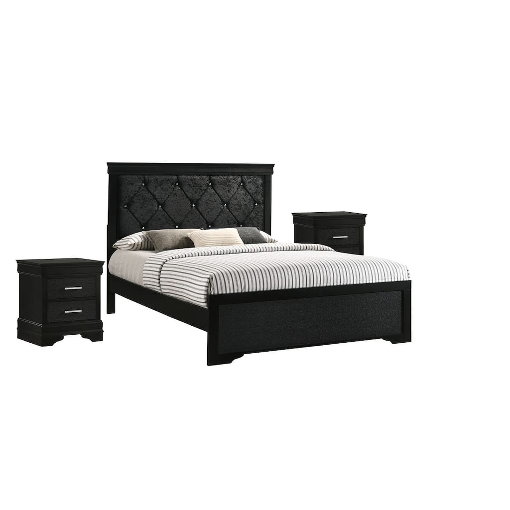 Sigurd 3 Piece Black Velvet Upholstered Tufted Panel Bedroom Set