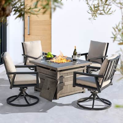 5-Piece Fire Pit Set with 4 Swivel Chairs, Aluminum Frame, Gray