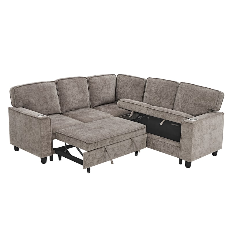 81" Chenille L-Shaped Sofa Bed with USB, 5-Seater