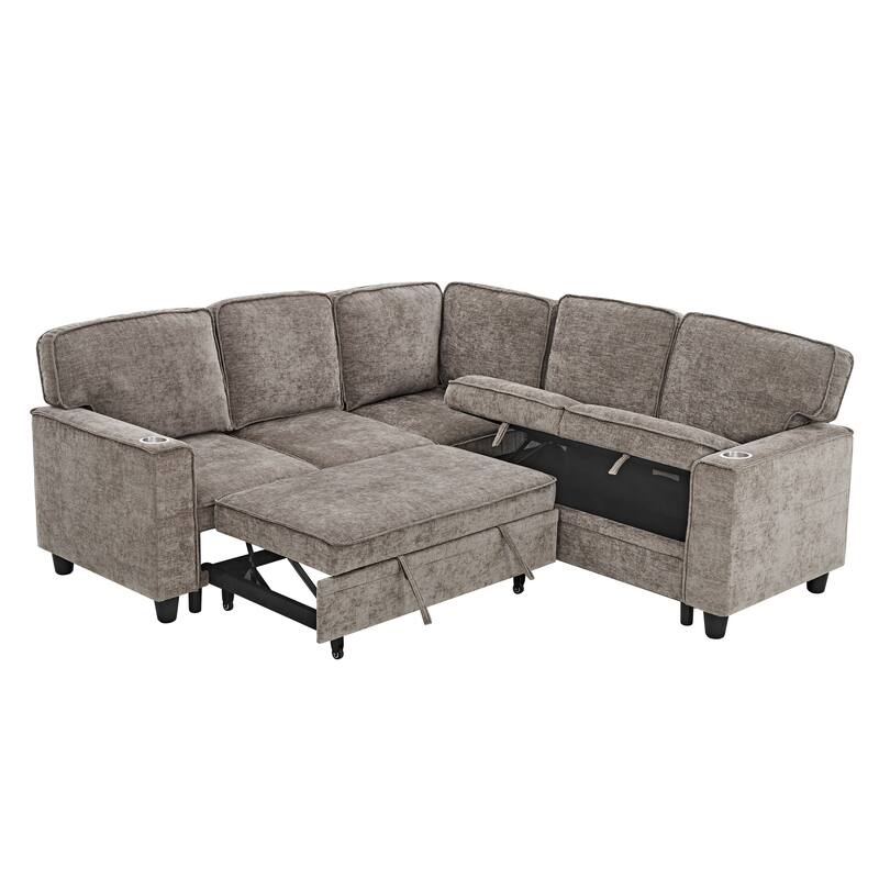 Modern Chenille L-Shaped 5-Seat Sectional Sofa Bed with Storage, USB Ports and Cup Holders for Living Room