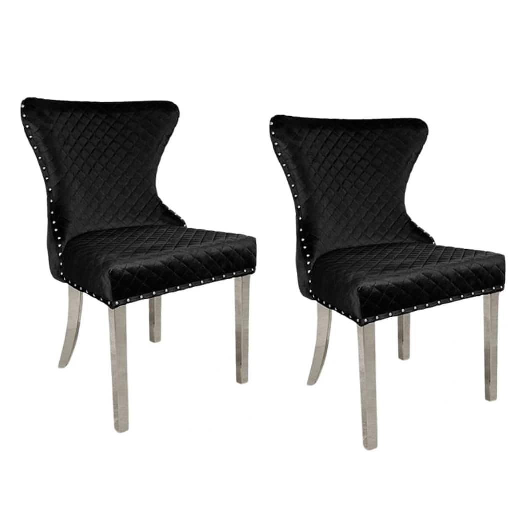 Anova Side Dining Chair Set of 2, Rivet Trim, Silver Stainless Steel, Black Fabric