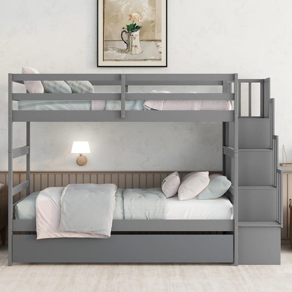 slide 2 of 14, Twin Over Twin Bunk Bed with Twin Trundle and Stairway Storage, Sturdy Pinewood Frame Grey