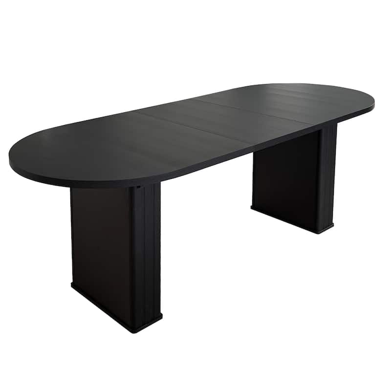 Kitchen extendable dining table for 4-8 people, oval kitchen table with wooden strip base for family living room (black)