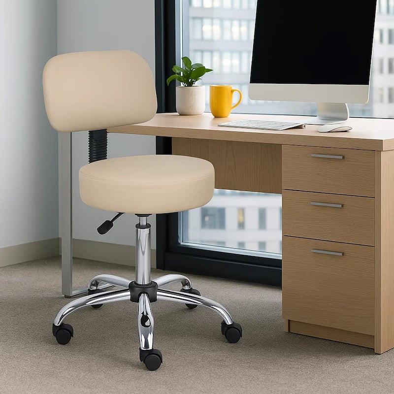 Fea Rolling Medical Swivel Stool, Round Beige Padded Seat, Low Back