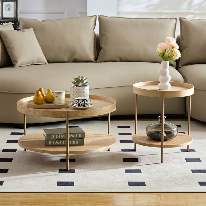 2-Piece 2 tier Round Coffee Table Set,Easy Assembly Nesting End Tables