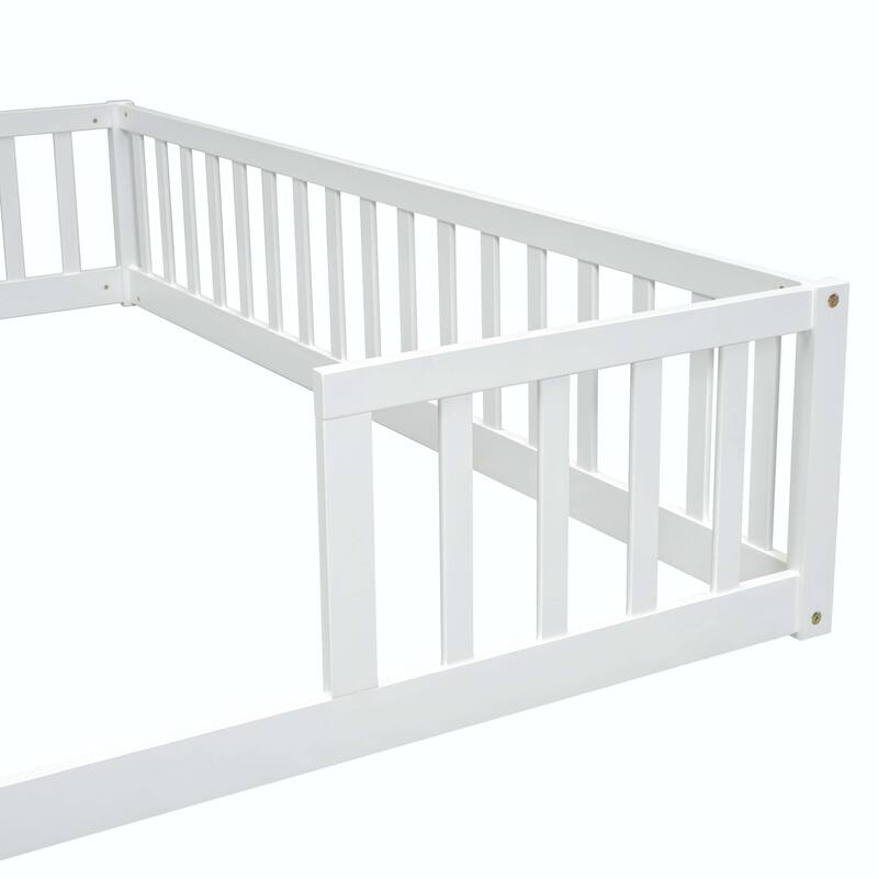 Double Twin Floor Bed with Fence and Guardrails, without door
