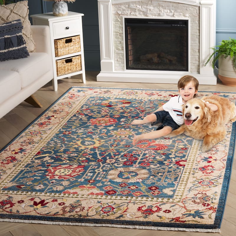 SAFAVIEH Kashan Laureen Oriental Rug with Fringe - 5'1" Square - Blue/Tan