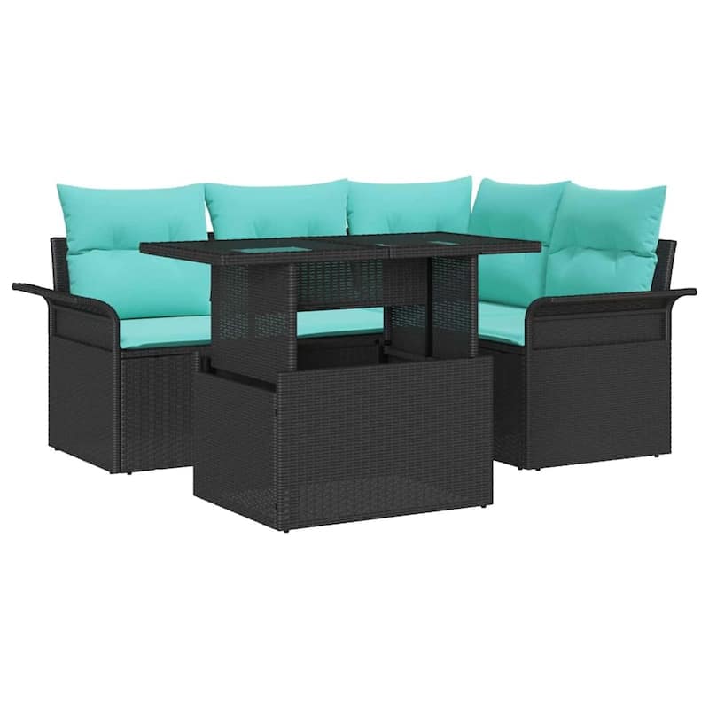 vidaXL 5 Piece Garden Sofa Set with Cushions Black Poly Rattan - 73.8×52.2×27.2