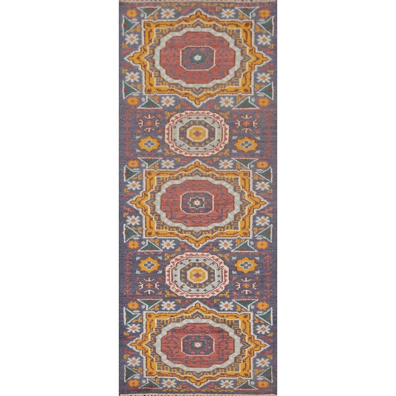 Geometric Blue Kazak Runner Rug Hand-Knotted Wool Carpet - 2'7"x 7'11"