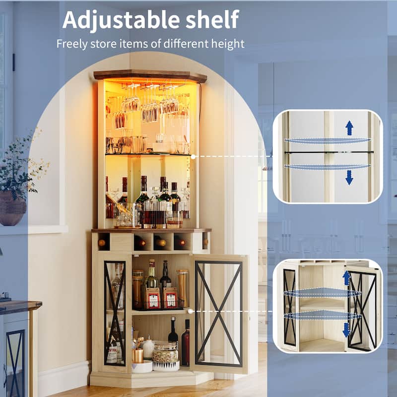Moasis 72" Corner LED Bar Cabinet with Glass Holder, Wine Rack with Adjustable Shelves