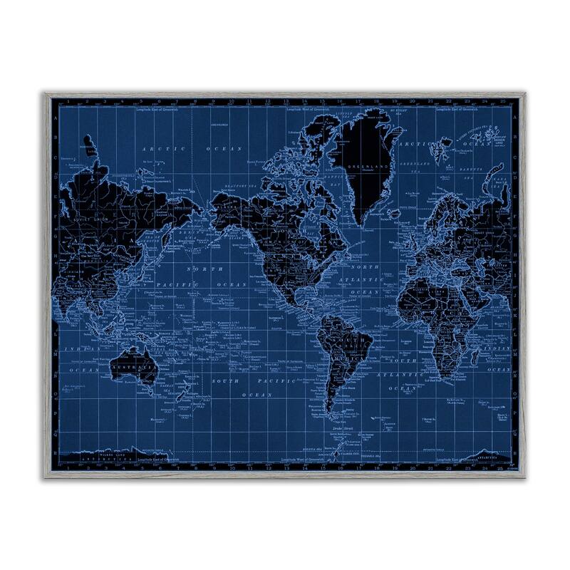 Stupell Blue Toned World Map Framed Giclee Art Design By Phillipa Katz - 14 x 11 - Grey