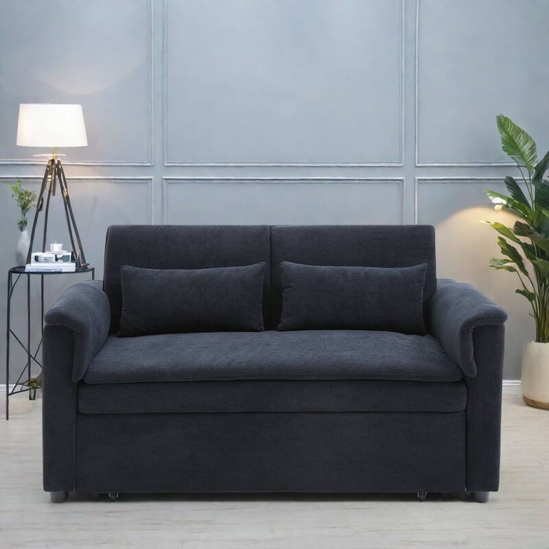 55" Velvet 2-Seater Sleeper Sofa with USB Ports And Storage Pockets for Living Room - Black