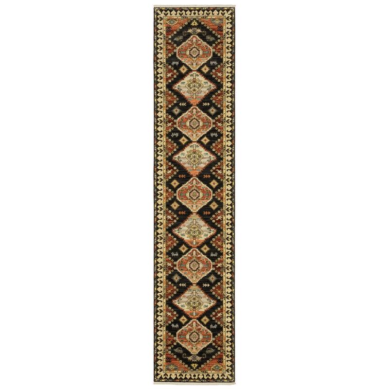 Style Haven Leander Tribal Triple Medallion Charcoal/ Multi Fringed Wool Blend Rug- - 2' 6" x 12' - Runner
