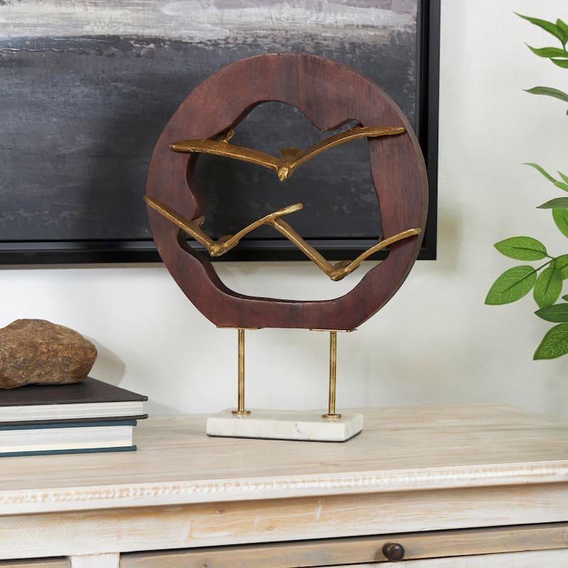 Gold Aluminum Metal Bird Sculpture with Brown Wooden Frame and Marble Base - Gold - 12"W,13"H